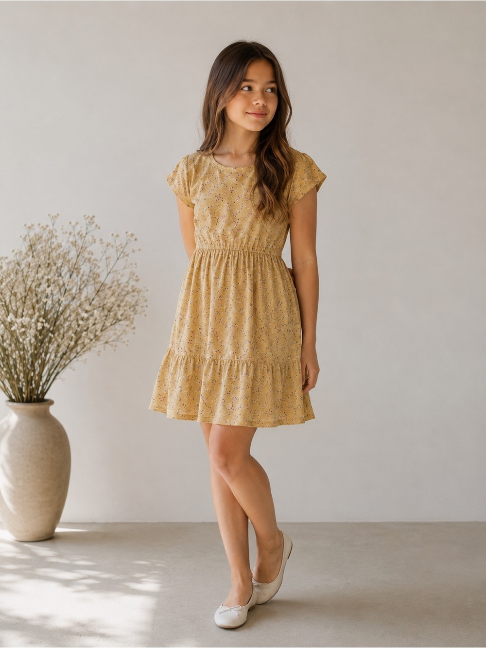 AUW Yellow Floral Tiered Juniors Dress